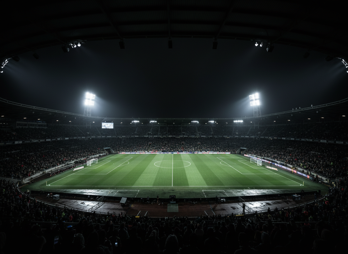 Estadio de fútbol de noche con reflectores encendidos y el césped iluminado