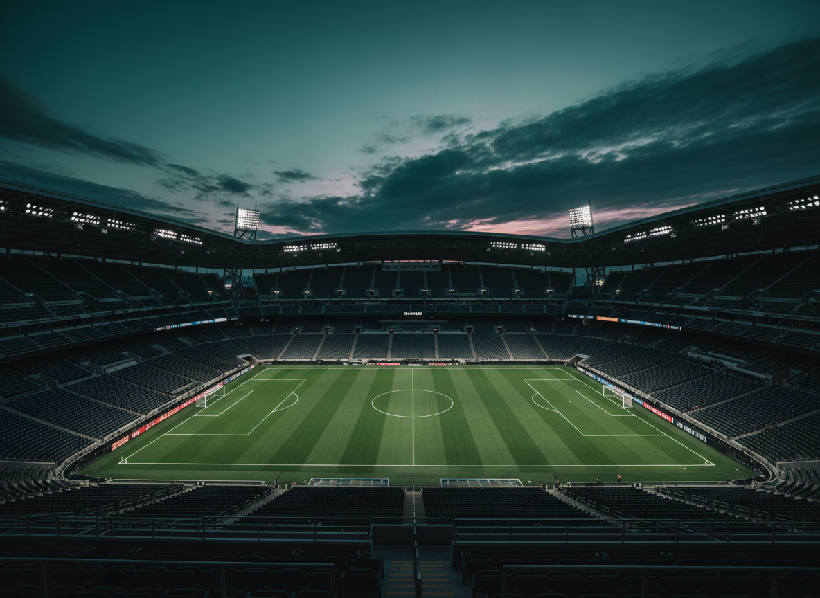 Estadio de la MLS al anochecer con las luces encendidas y el césped iluminado